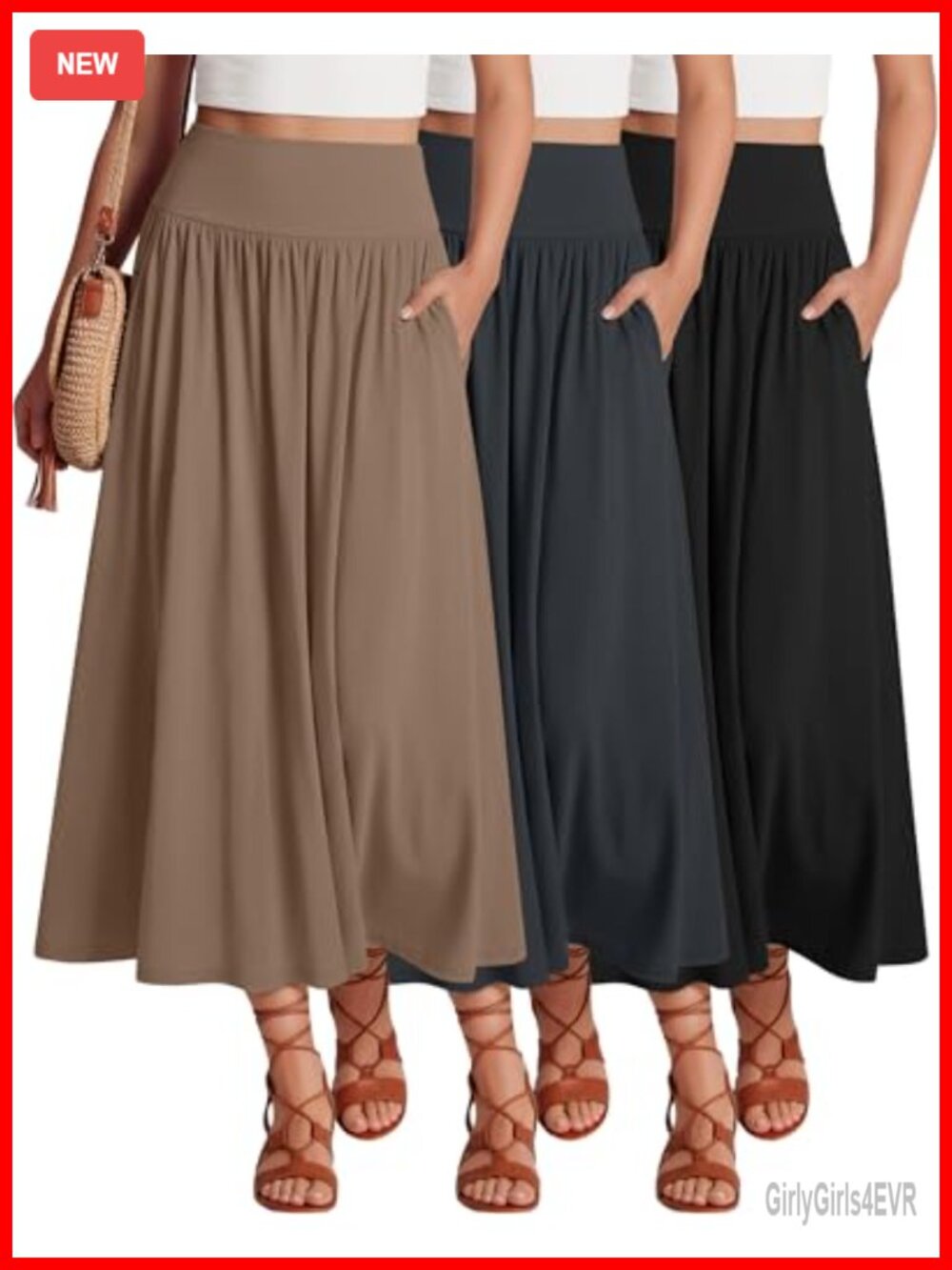 Women's 3 Pack Maxi Long Skirts Pleated A-Line Ankle Length with Pockets